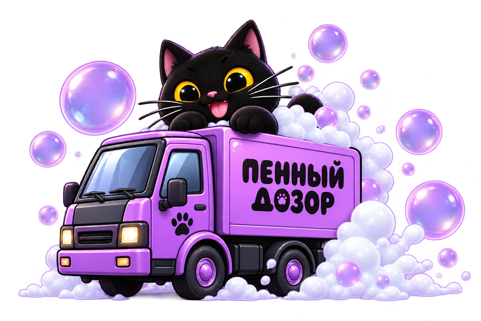 Чёрный кот на фиолетовом фургоне Пенного дозора